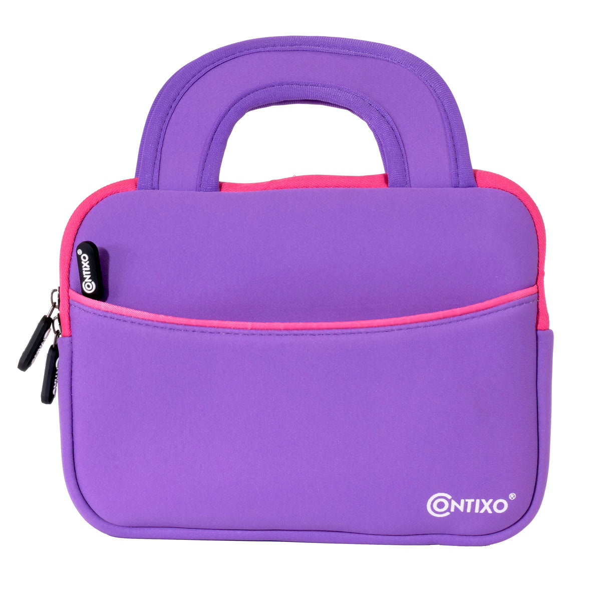Purple and pink neoprene tablet sleeve with padded handles and front zipper pocket