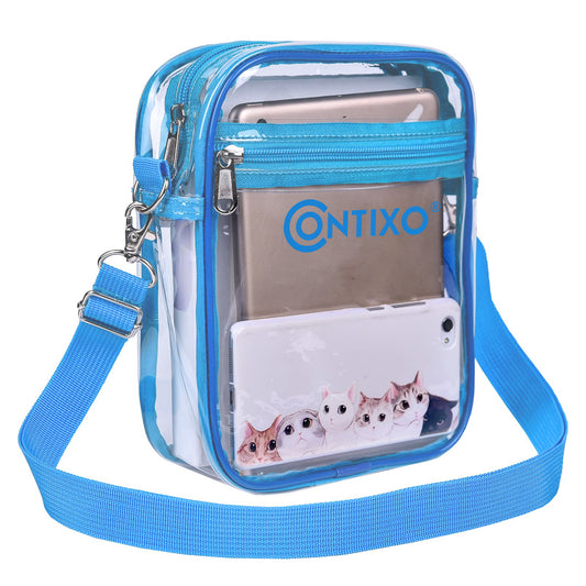 Blue clear crossbody bag with adjustable strap, featuring cat design on front pocket and multiple compartments for holding devices