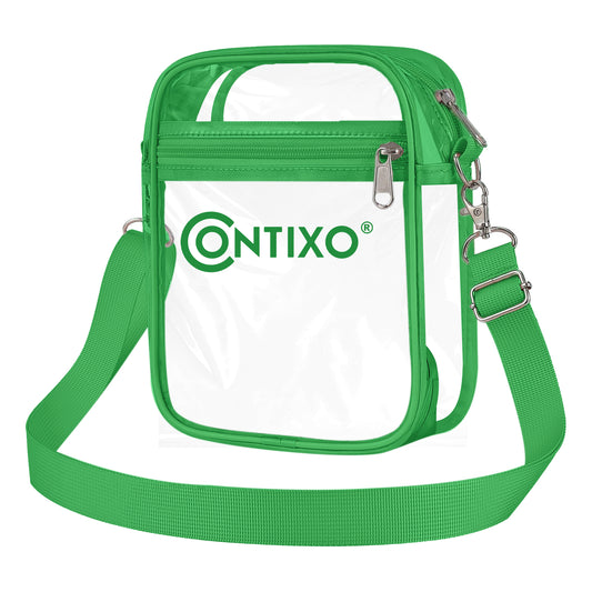 Contixo clear crossbody bag with green trim, zippers, and adjustable shoulder strap on plain background