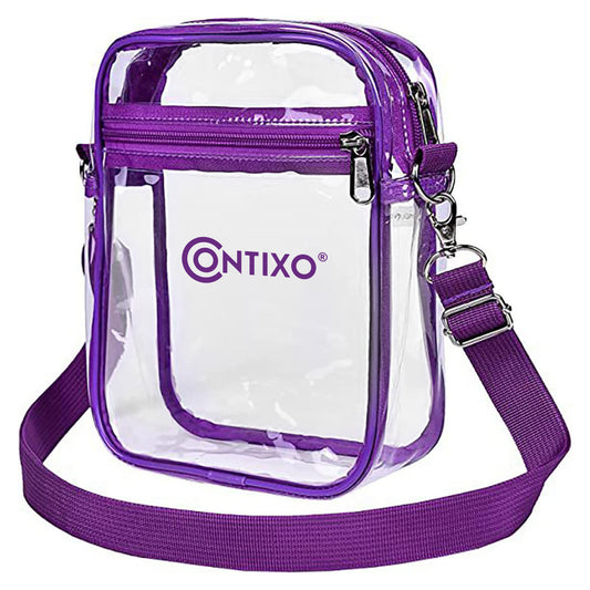 Purple and clear crossbody bag with Contixo logo, adjustable shoulder strap, and multiple zippered compartments