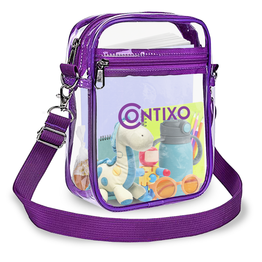 Purple clear stadium crossbody backpack with Contixo branding, plush toy and accessories visible inside, adjustable purple shoulder strap