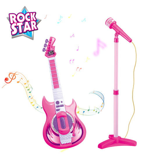 Rock Star pink guitar set with microphone and stand, includes playable guitar with purple tuning pegs and microphone on adjustable stand
