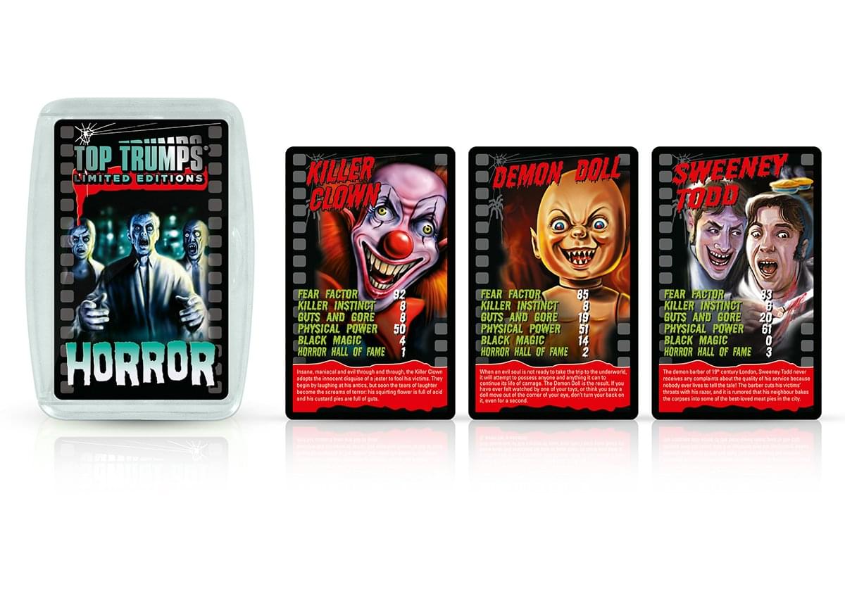 Top Trumps Limited Editions Horror card game set with glow-in-the-dark tin case and three character cards: Killer Clown, Demon Doll, and Sweeney Todd, each show