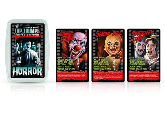 Top Trumps Limited Editions Horror card game set with glow-in-the-dark tin case and three character cards: Killer Clown, Demon Doll, and Sweeney Todd, each show