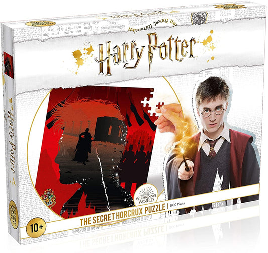 Harry Potter The Secret Horcrux 1000-piece puzzle box featuring Harry Potter on model holding a wand with golden spell effects, dark red background with silhoue