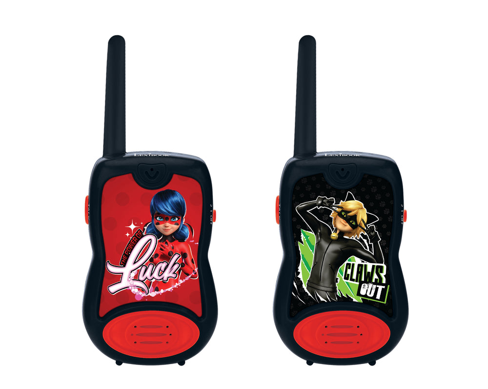Two black and red walkie talkies with antennas, featuring Miraculous Ladybug character designs on front screens