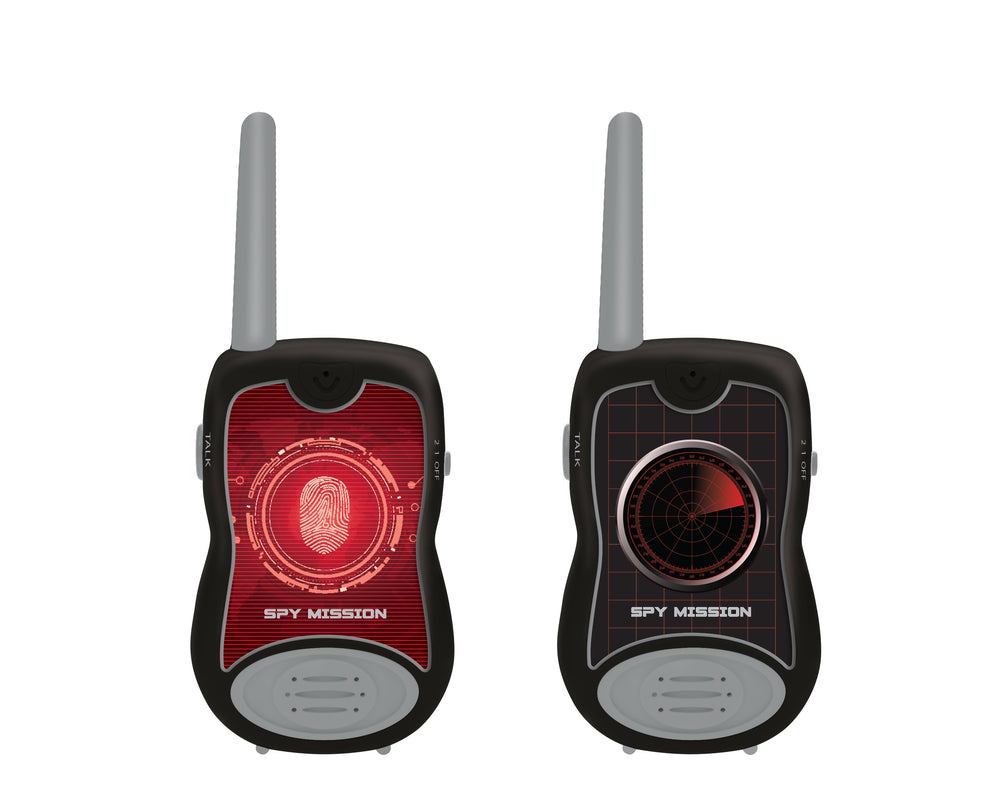 Two black Spy Mission walkie talkies with gray antennas, red fingerprint scanner display on left unit and black radar display on right unit