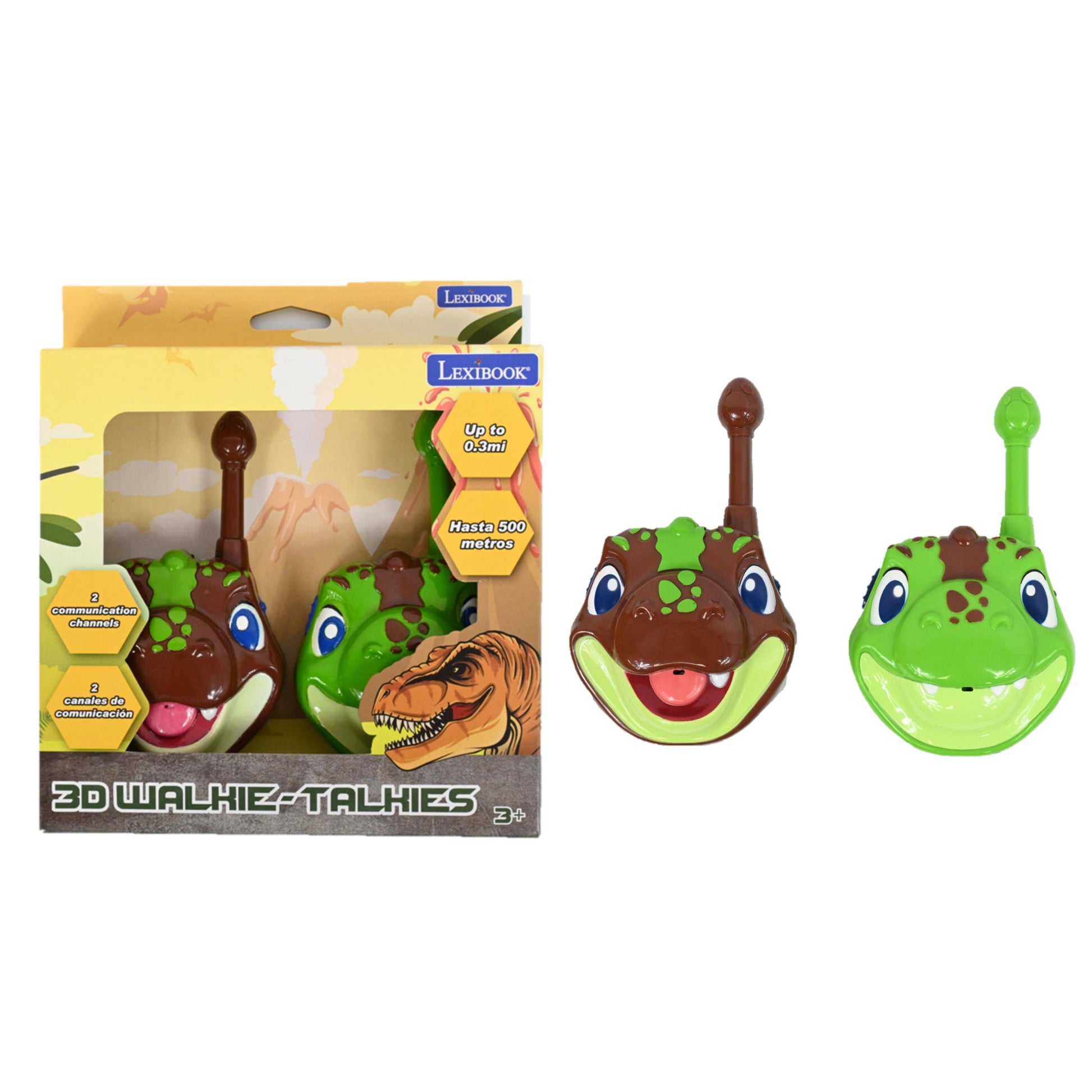 Lexibook 3D Dinosaur Walkie Talkies set with packaging and two dinosaur-shaped units in brown and green