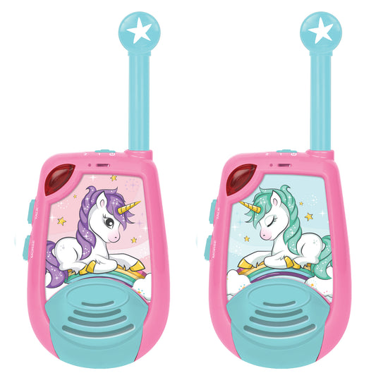 Two pink walkie talkies with turquoise accents and star-topped antennas, each displaying an illustrated unicorn with colorful mane on the screen