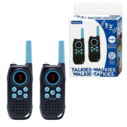 Pair of black and turquoise walkie talkies with blue antenna, digital display showing channel 3, and control buttons; shown with product packaging box