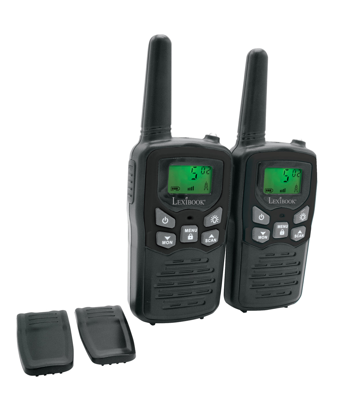 Pair of black Lexibook walkie talkies with green LCD screens, buttons, and extended antennas, displayed with two battery covers on plain background