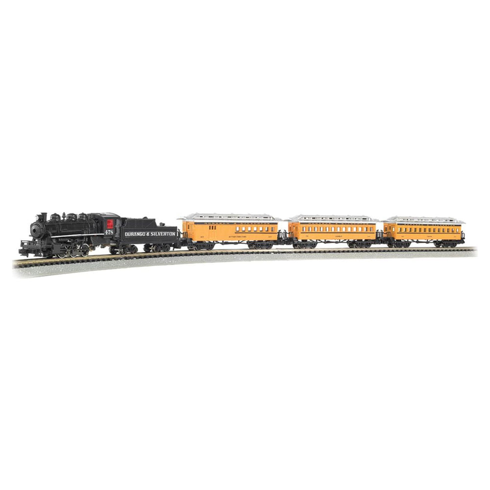 Bachmann Trains Durango & Silverton N Scale train set with black steam locomotive numbered 475 and three yellow passenger cars on curved track