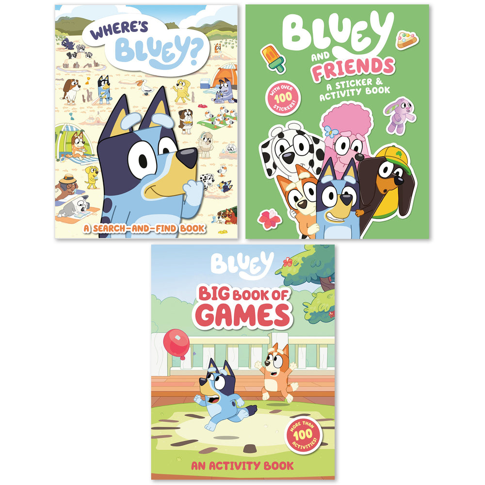 Three Bluey activity books displayed: Where's Bluey search-and-find book, Bluey and Friends sticker and activity book, and Bluey Big Book of Games