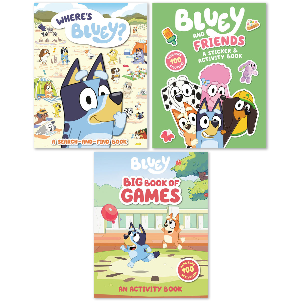 Three Bluey activity books displayed: Where's Bluey search-and-find book, Bluey and Friends sticker and activity book, and Bluey Big Book of Games