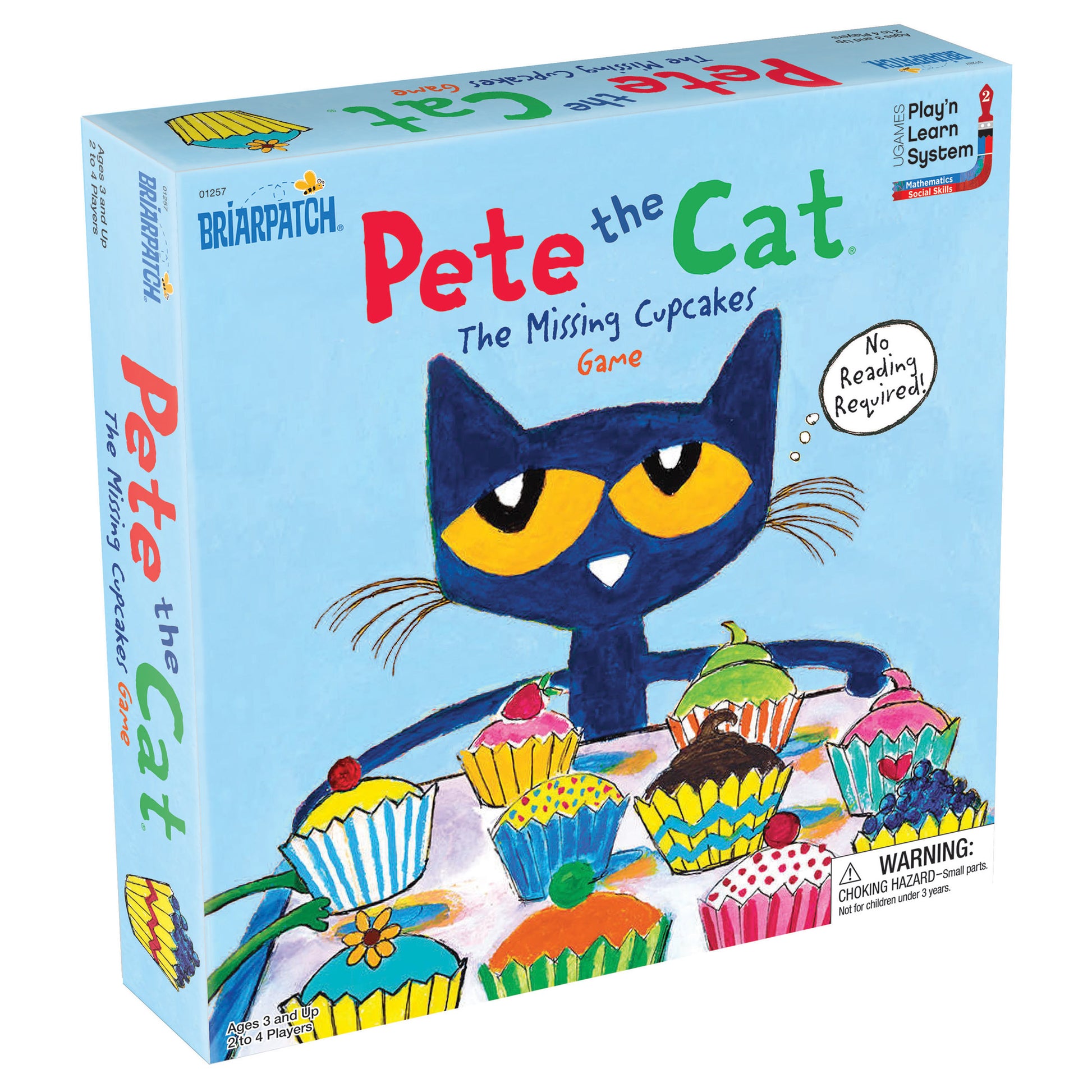 Pete the Cat The Missing Cupcakes Game box featuring a dark blue cat with yellow eyes surrounded by colorful cupcakes on a light blue background