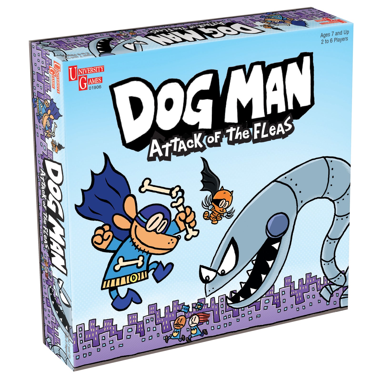 Dog Man: Attack of the Fleas board game box featuring cartoon dog character in blue cape fighting giant mechanical flea, purple cityscape background, Ages 7 and