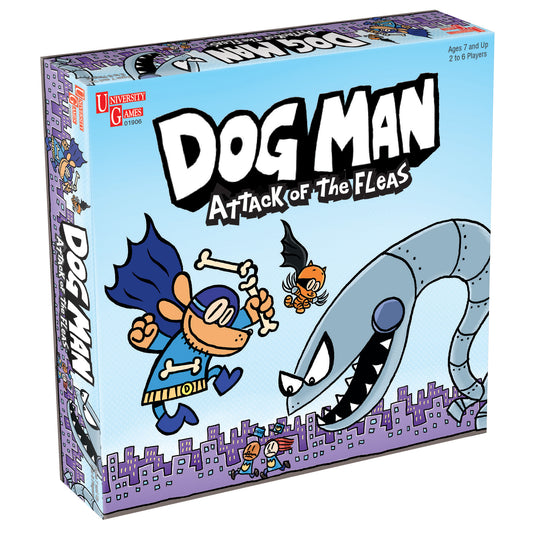 Dog Man: Attack of the Fleas board game box featuring cartoon dog character in blue cape fighting giant mechanical flea, purple cityscape background, Ages 7 and