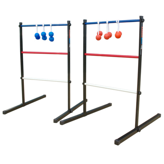 Two ladderball game sets with black steel frames, blue and red horizontal bars, and hanging balls—blue balls on left frame, red balls on right frame