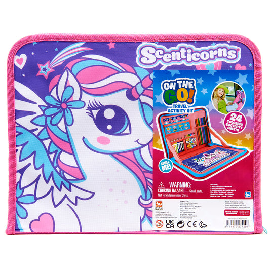 Scenticorns On The Go Travel Activity Kit with pink fabric case, featuring colorful unicorn character illustration and 24 coloring activities