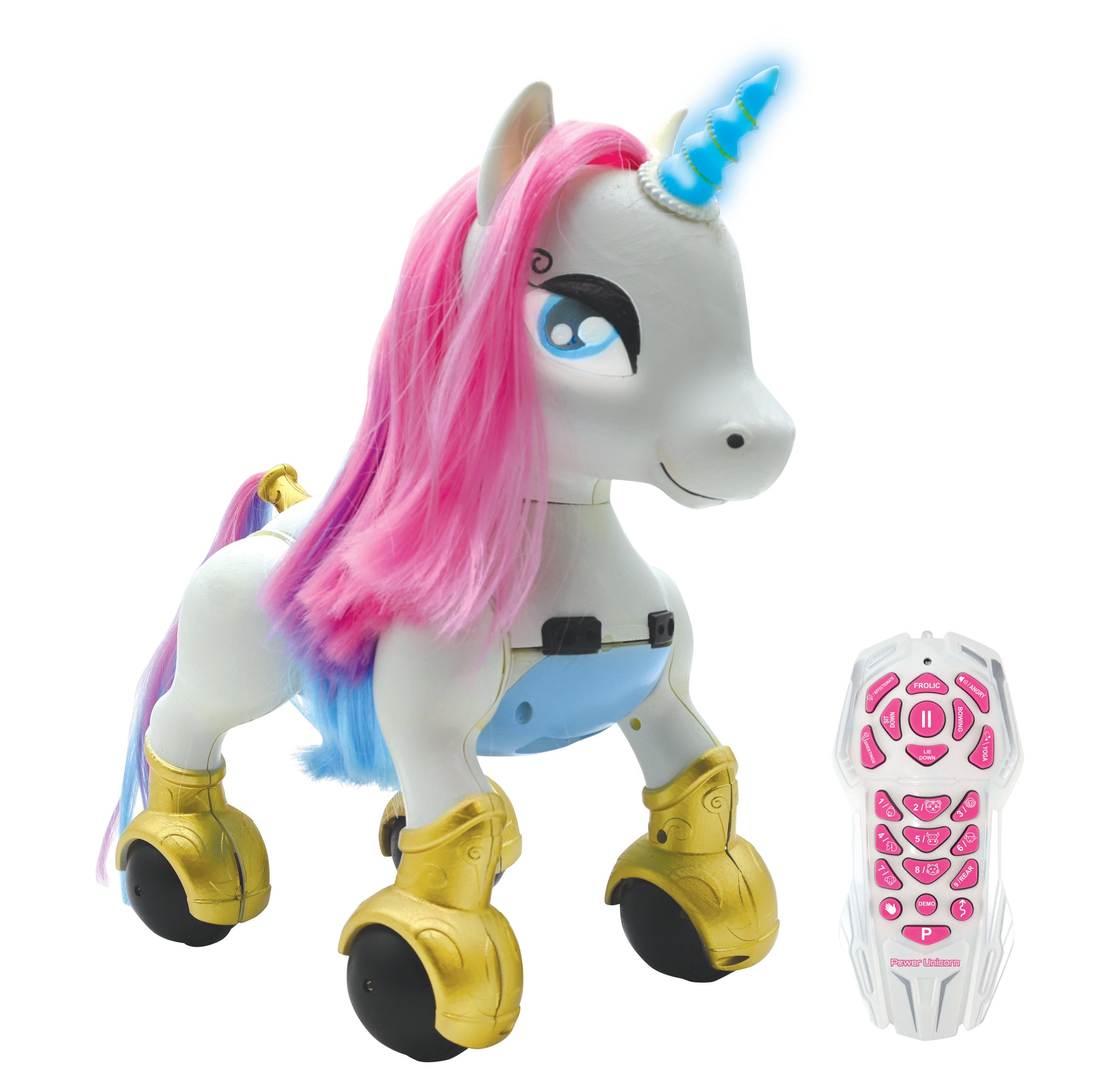 White unicorn robot with pink and blue mane, blue horn, gold hooves and armor, shown with pink and white remote control