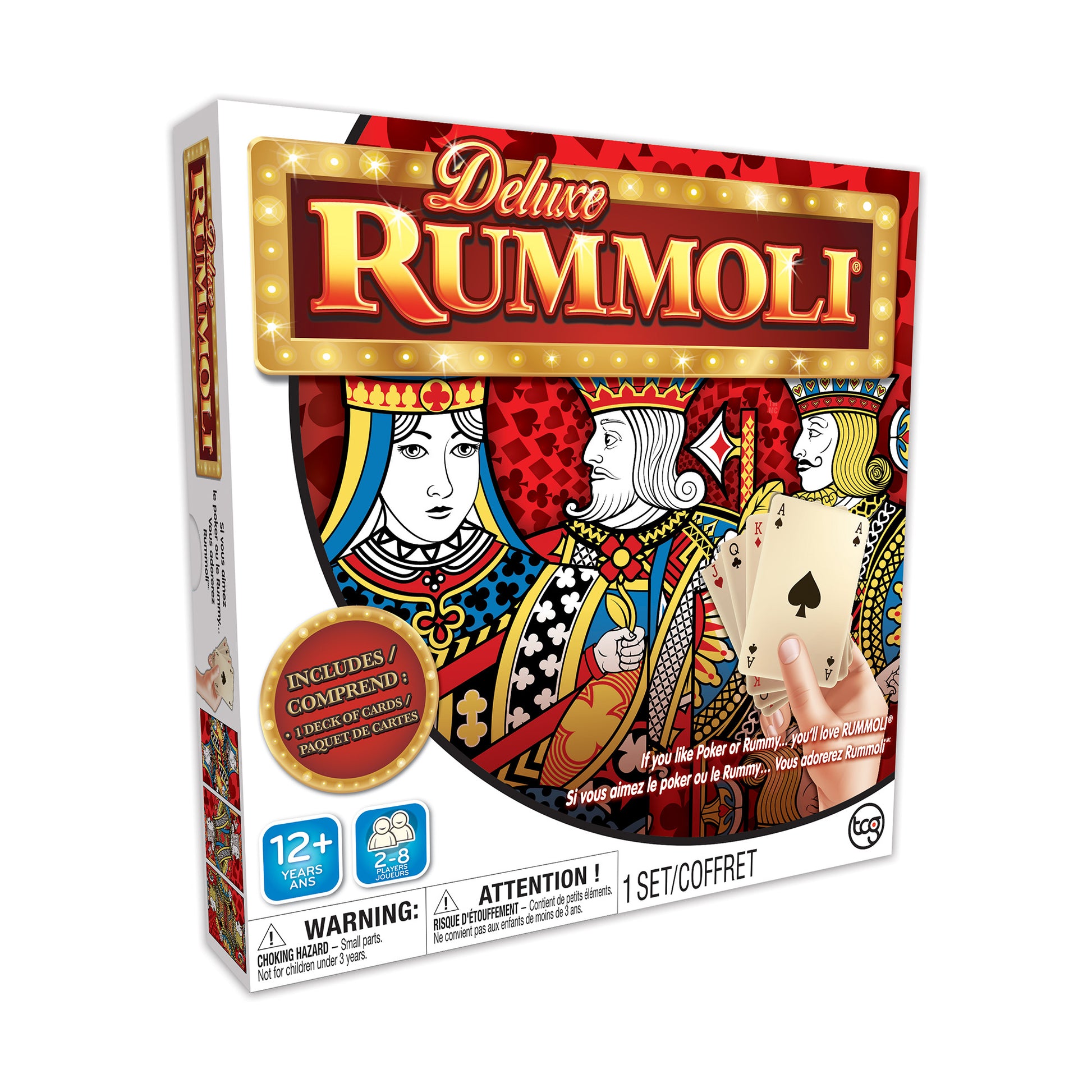 Deluxe Rummoli board game box featuring illuminated marquee-style title, playing card designs, and includes 1 deck of cards