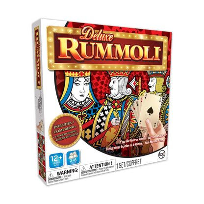 Deluxe Rummoli board game box featuring illuminated marquee-style title, playing card designs, and includes 1 deck of cards