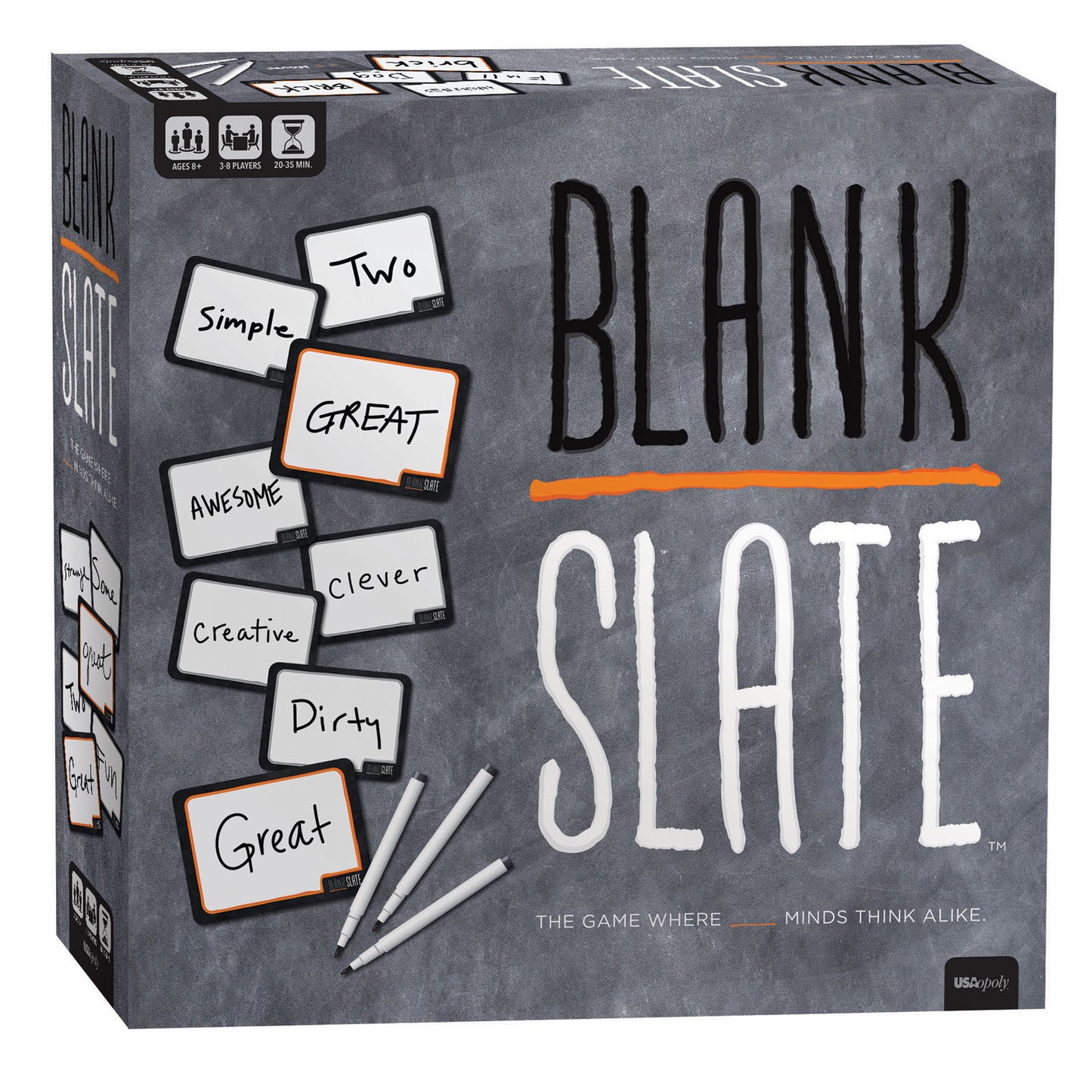 Blank Slate board game box featuring gray background with game title, word cards reading Simple, Two, Great, Awesome, Creative, Clever, Dirty, and markers