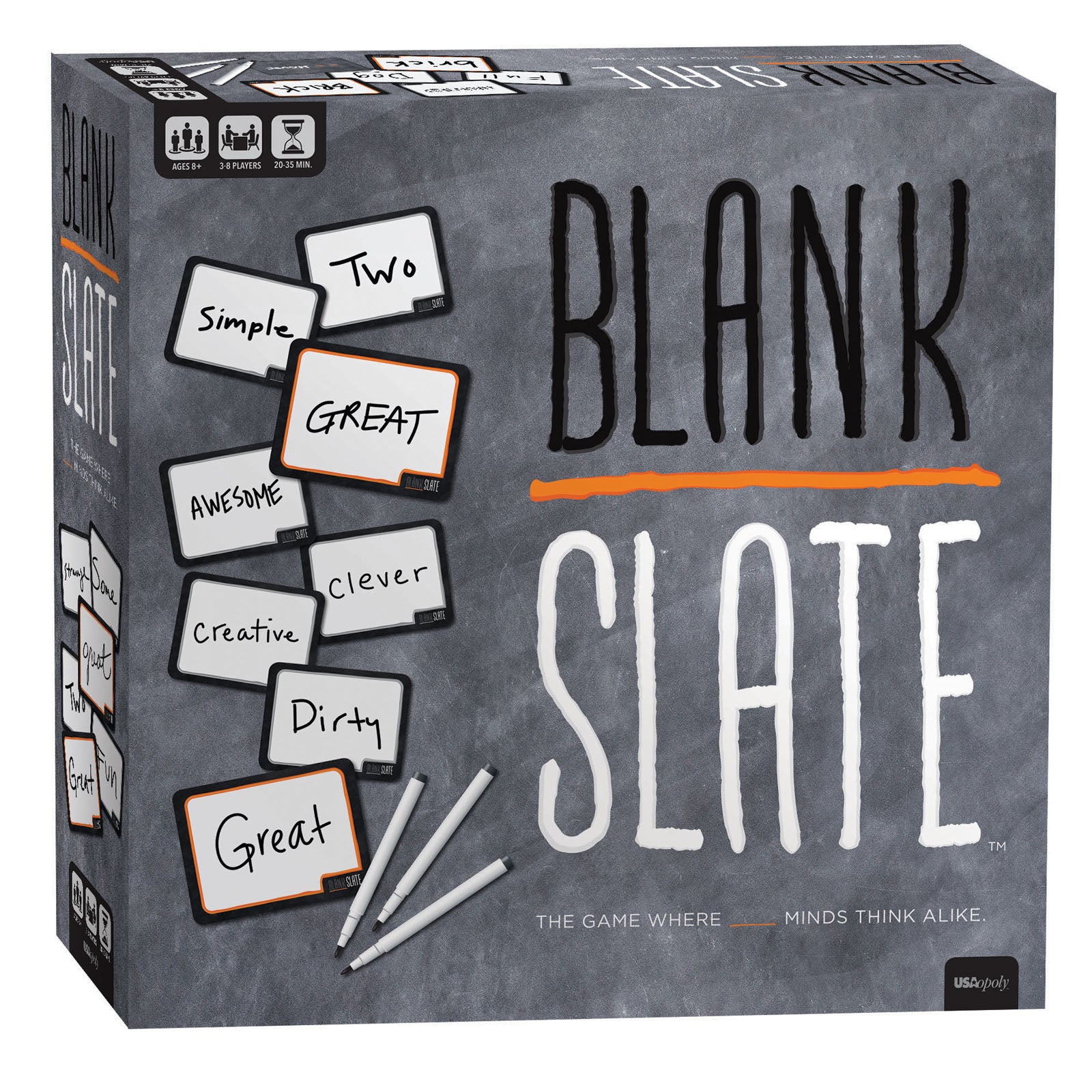 Blank Slate board game box featuring gray background with game title, word cards reading Simple, Two, Great, Awesome, Creative, Clever, Dirty, and markers
