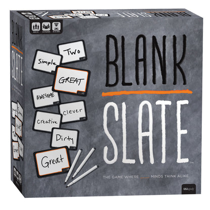 Blank Slate board game box featuring gray background with game title, word cards reading Simple, Two, Great, Awesome, Creative, Clever, Dirty, and markers