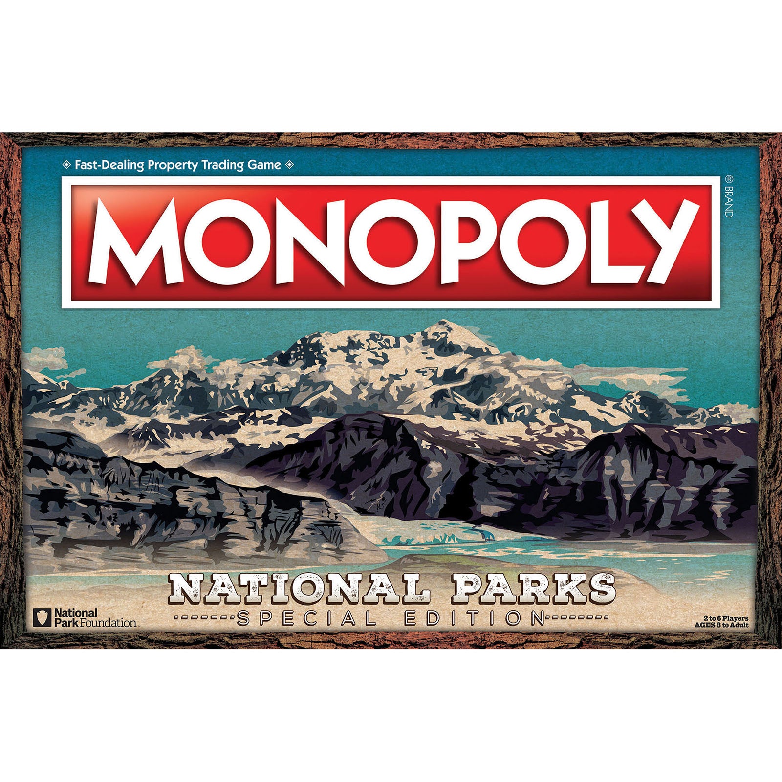 MONOPOLY: National Parks Special Edition board game box featuring a teal background with a mountain landscape and snow-capped peaks