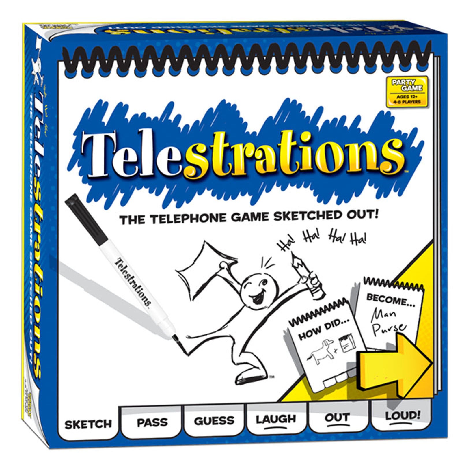 Telestrations board game box showing title with blue brush stroke design, illustrated stick figure drawing with marker, and game action buttons labeled Sketch,