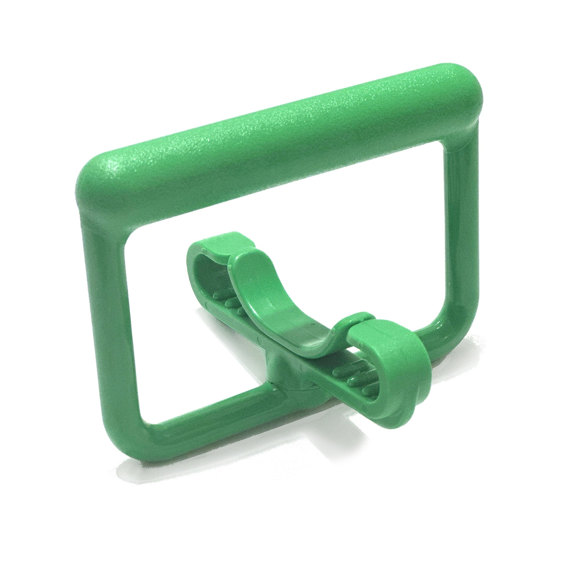 Green plastic bag carrier with rounded handle and two finger loops for carrying shopping bags
