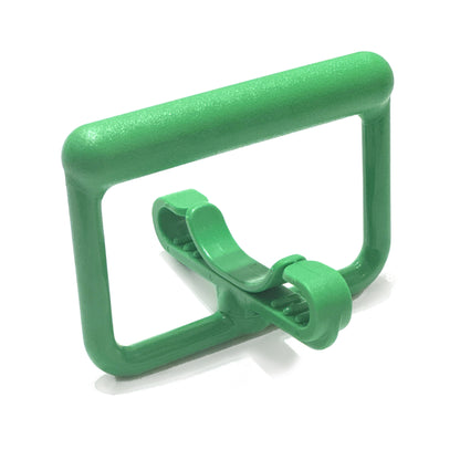 Green plastic bag carrier with rounded handle and two finger loops for carrying shopping bags