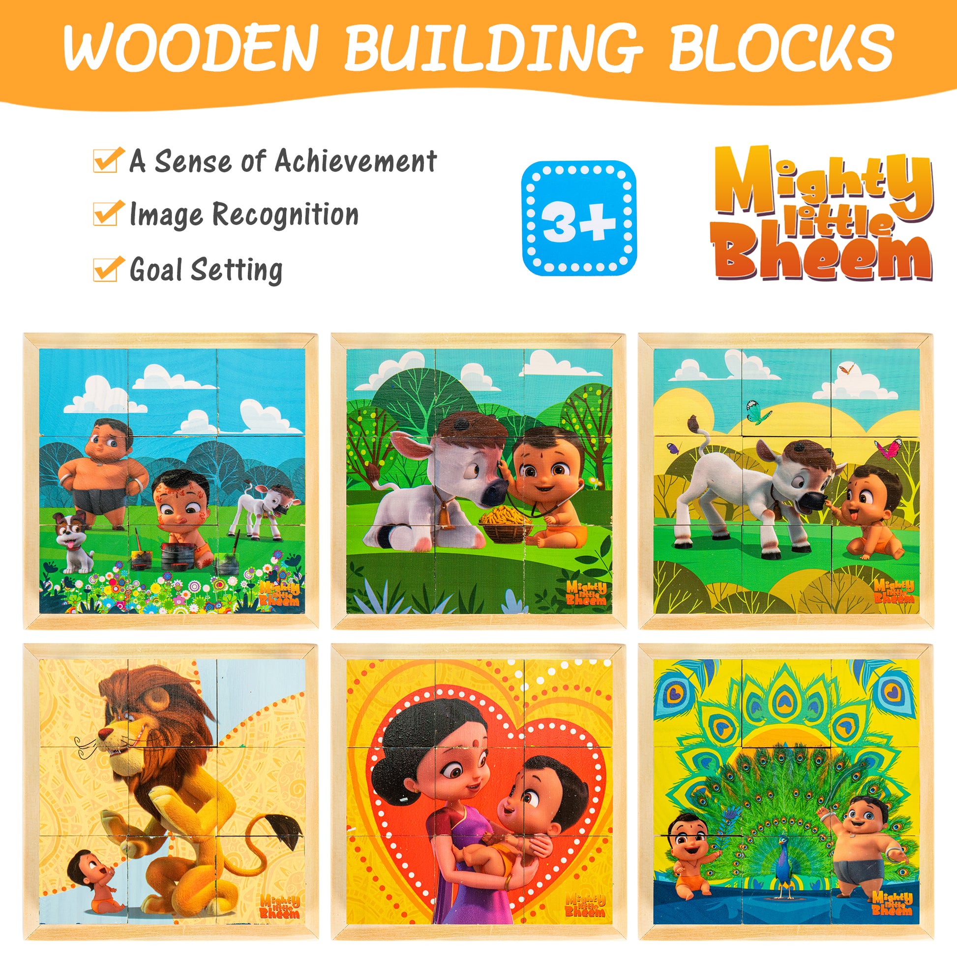 Wooden Building Blocks featuring six Mighty Little Bheem puzzle designs with characters in outdoor scenes, age 3+, showing achievements like sense of accomplish