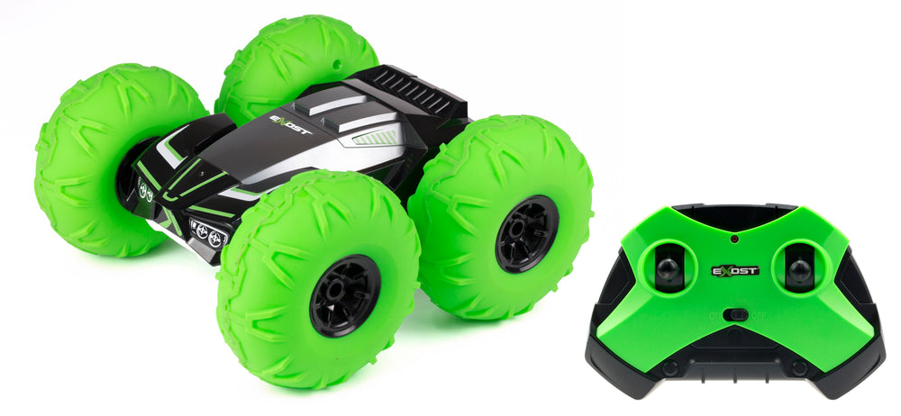 EXOST 360 Tornado remote control monster truck in green and black with large inflatable tires, shown with matching green and black controller