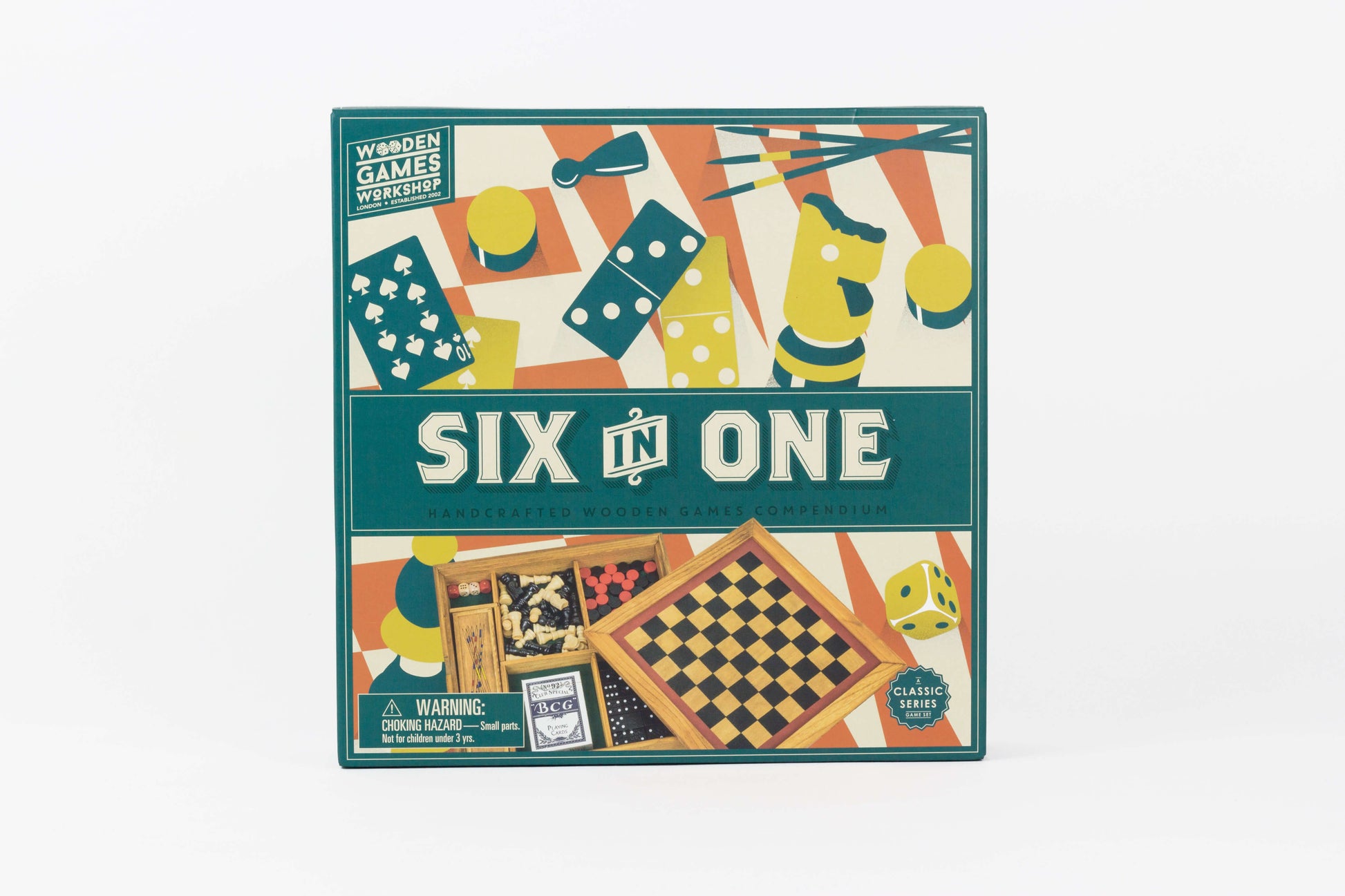 Six in One wooden games compendium box by Wooden Games Workshop featuring multiple classic games including chess, dice games, and card games in teal, yellow, an