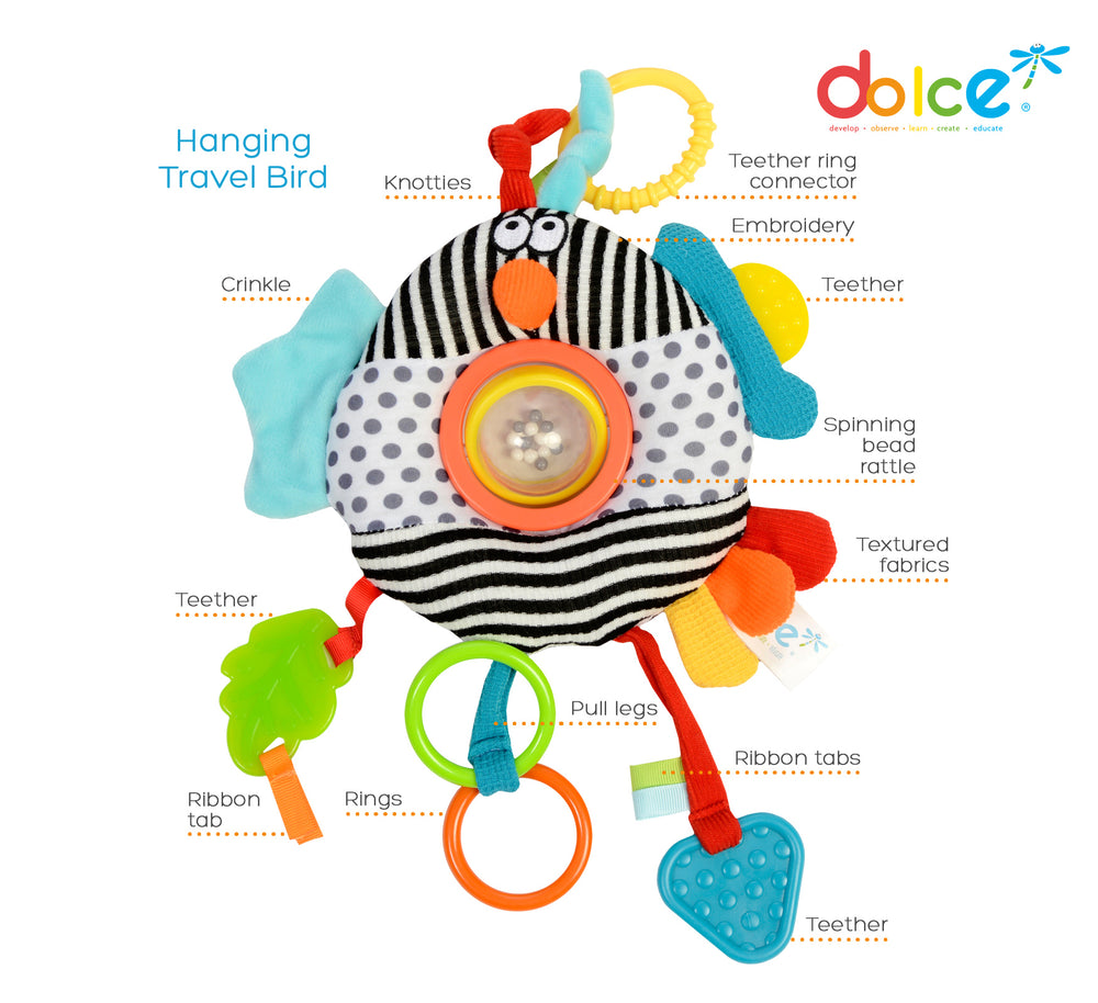 Dolce Hanging Travel Bird teether toy with labeled features including knotties, teether ring connector, embroidery, teether, spinning bead rattle, textured fabr