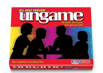 Ungame All Ages Version box showing silhouettes of four people sitting around a table, red and colorful background, non-competitive conversation game