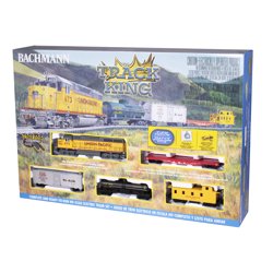 Bachmann Trains Track King HO Scale train set in packaging, showing multiple locomotive and car pieces with yellow, red, and black details