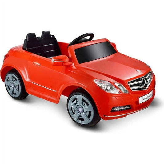 Red Mercedes Benz E550 6V ride-on car with black interior seats and steering wheel, shown on plain background