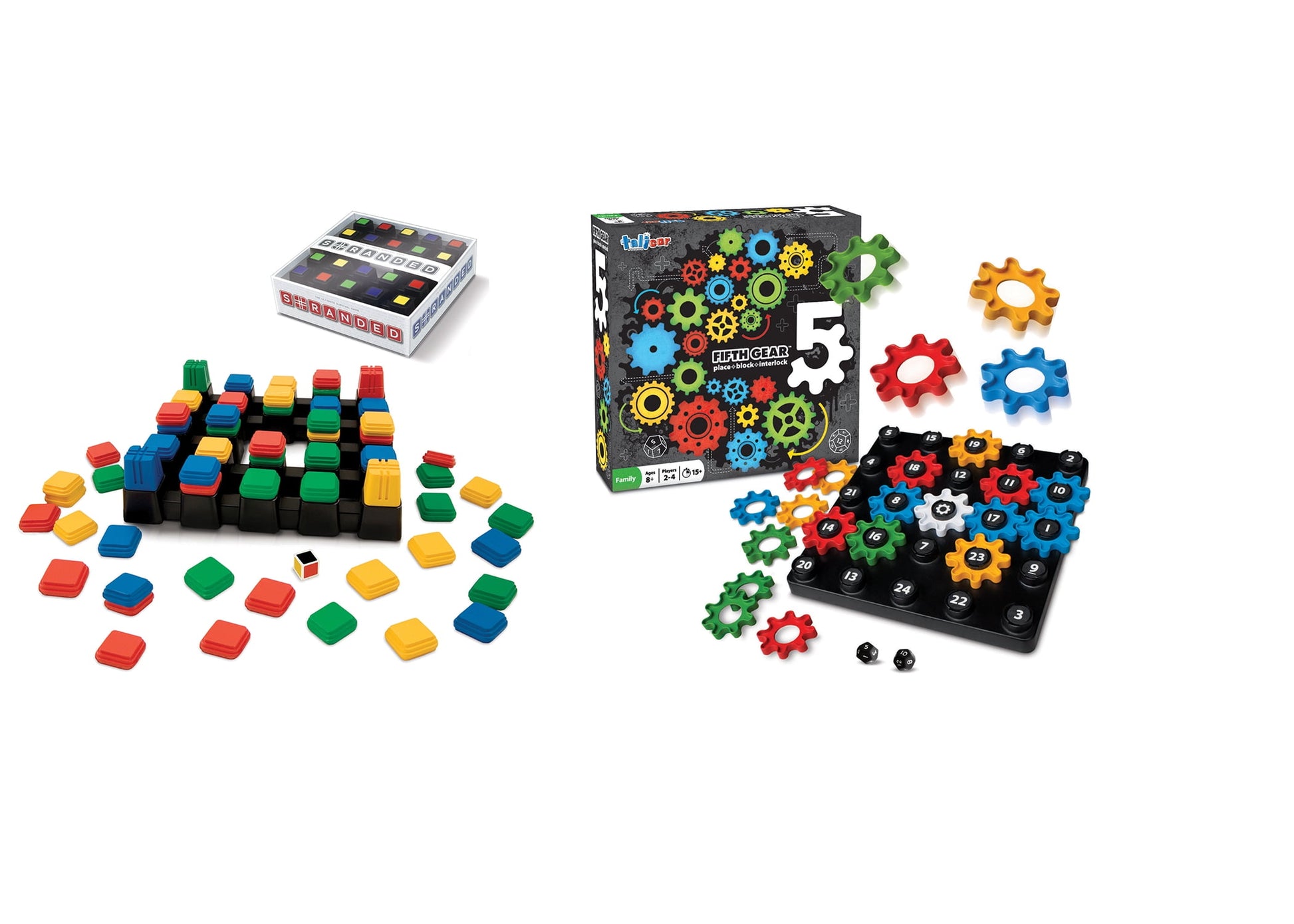 Two board games displayed: left shows Airops game with colorful stacked blocks and loose pieces in red, blue, yellow, and green; right shows Fifth Gear game wit