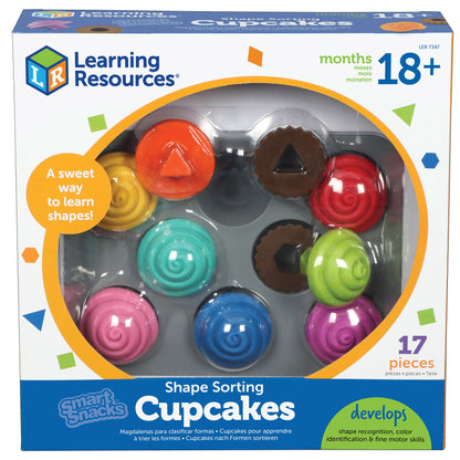 Learning Resources Smart Snacks Shape Sorting Cupcakes with 9 colorful cupcake pieces featuring triangle, circle, and scalloped shapes in red, blue, pink, green