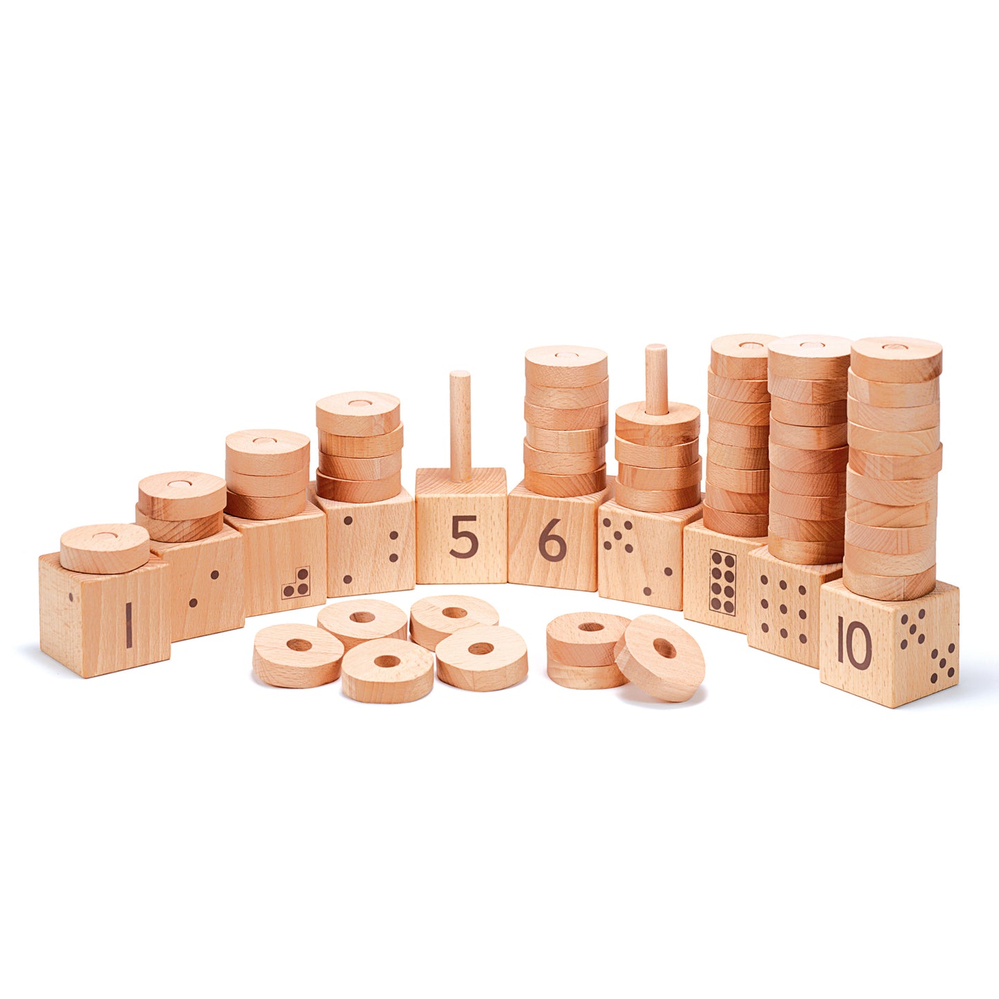 Wooden number stacker with natural blocks numbered 1-10, stacking rings, and dot markers for counting and fine motor learning