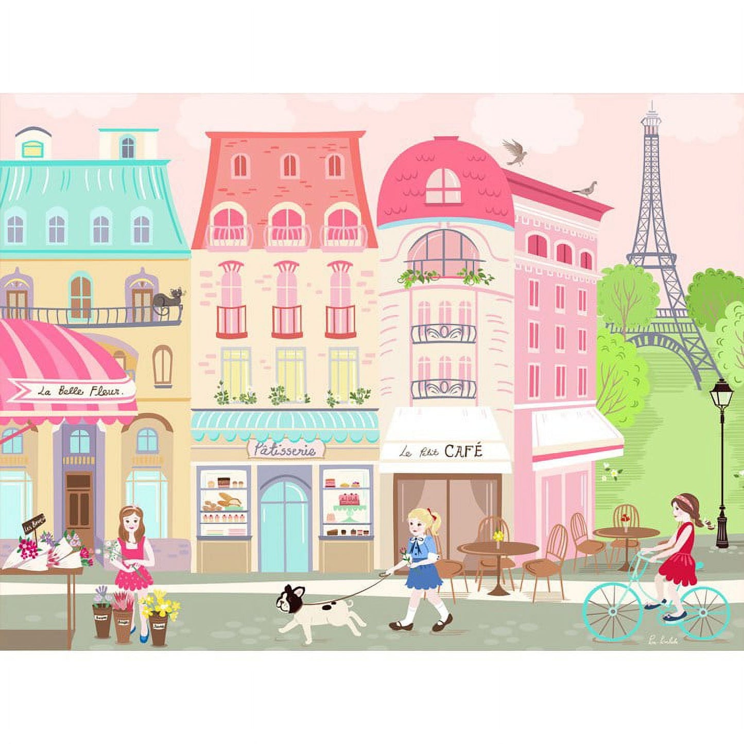 Illustrated Parisian street scene with pastel-colored buildings, cafés, Eiffel Tower, and children playing outdoors