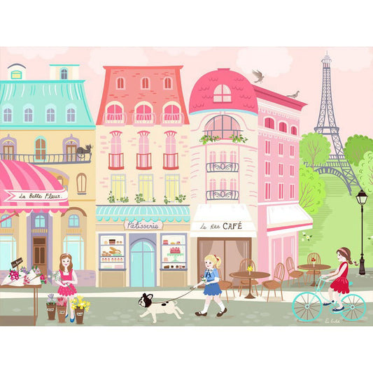 Illustrated Parisian street scene with pastel-colored buildings, cafés, Eiffel Tower, and children playing outdoors