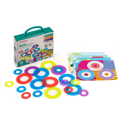 Miniland Translucent Math color rings set with 16 pieces in various sizes and colors including red, blue, yellow, purple, and green, displayed with activity car
