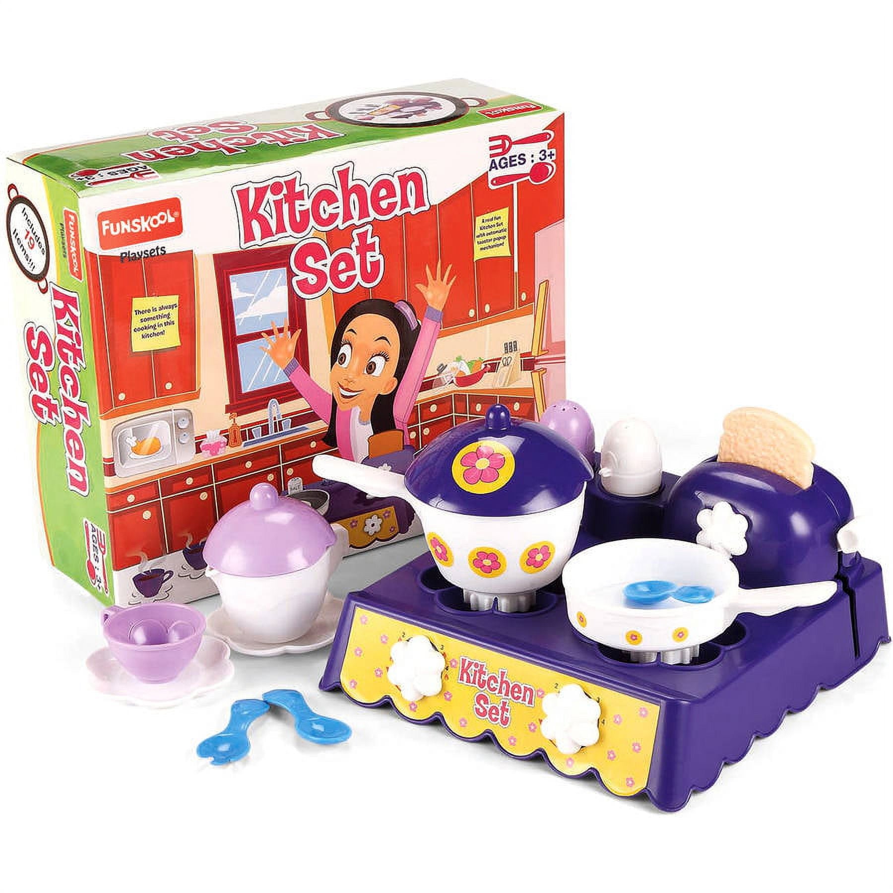 Funskool Kitchen Set playset with purple stove base, colorful pots and pans with flower designs, pink and white accessories, and illustrated box showing red kit
