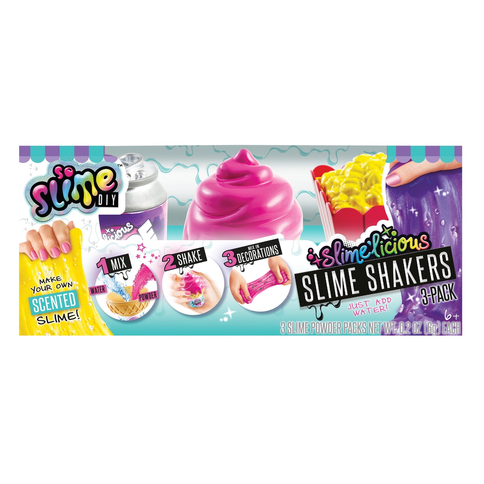 So Slime DIY Slimelicious Slime Shakers 3-pack packaging showing pink slime, colorful powder packets, and instructions for mixing, shaking, and decorating scent