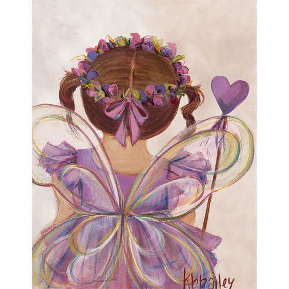 Illustration of a child with brown hair in pigtails wearing a purple fairy costume with translucent wings and a floral crown, holding a purple heart-shaped wand