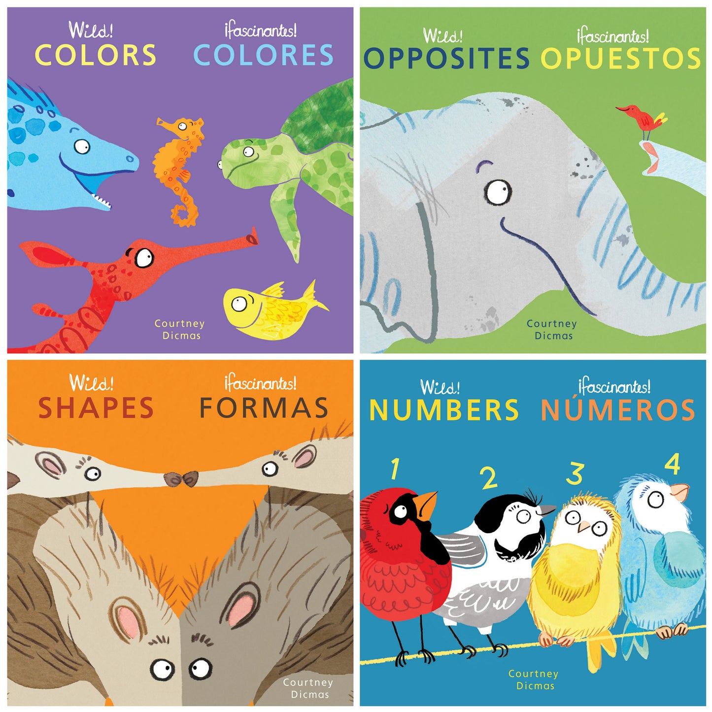 Four bilingual board book covers featuring colorful illustrated animals: Colors/Colores with sea creatures, Opposites/Opuestos with a whale, Shapes/Formas with